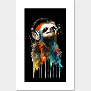 Sloth Painting With Headphones Listening to Music Posters and Art